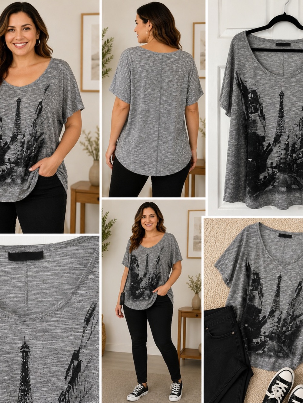 Women's Grey Graphic Short-Sleeve Scoop Neck Top - XL